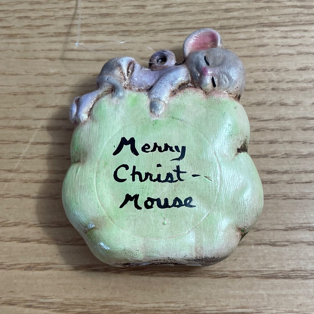 Vintage Ceramic Mouse Christmas Ornament Handmade Sleeping Baby Mouse 1989 4"